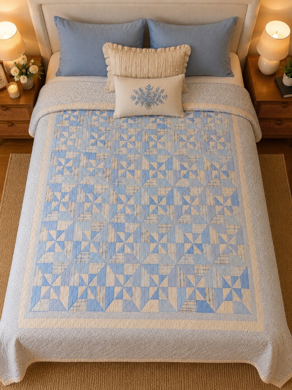 Vintage Blue & Cream Patchwork Quilt Blanket Cottagecore Full/Queen